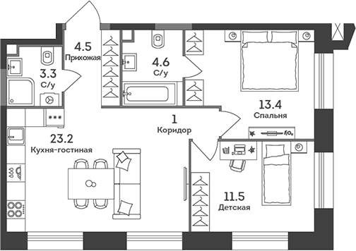 Планировка — Era, 3-комн., 62 м²