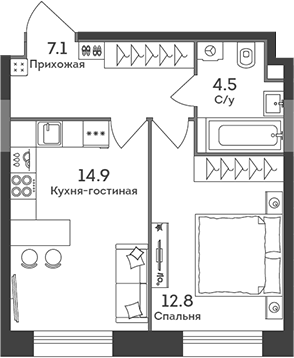 Планировка — Era, 2-комн., 39 м²