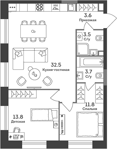 Планировка — Era, 2-комн., 69 м²