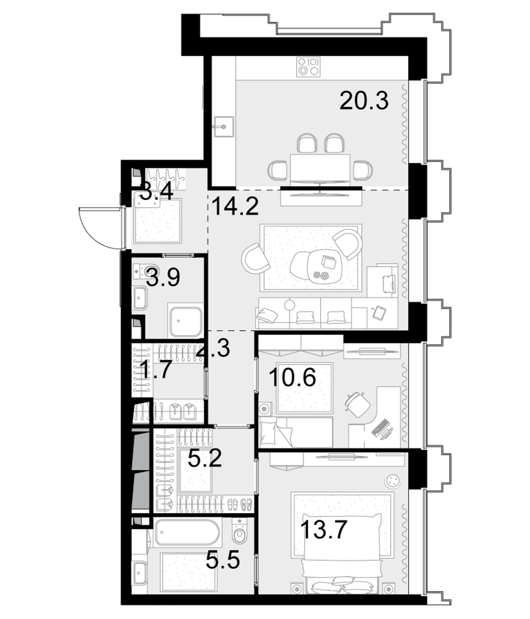 Планировка — Высотка на Жукова, 3-комн., 81 м²