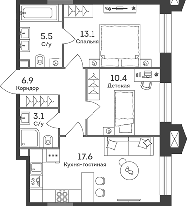 Планировка — Era, 3-комн., 57 м²