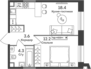 Планировка — Era, 2-комн., 39 м²