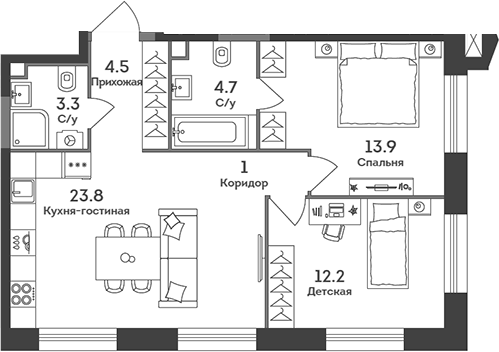 Планировка — Era, 3-комн., 63 м²