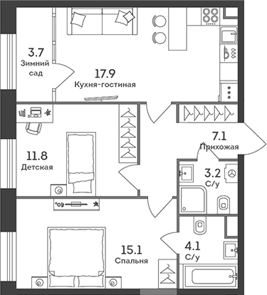 Планировка — Era, 3-комн., 59 м²