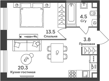 Планировка — Era, 2-комн., 42 м²