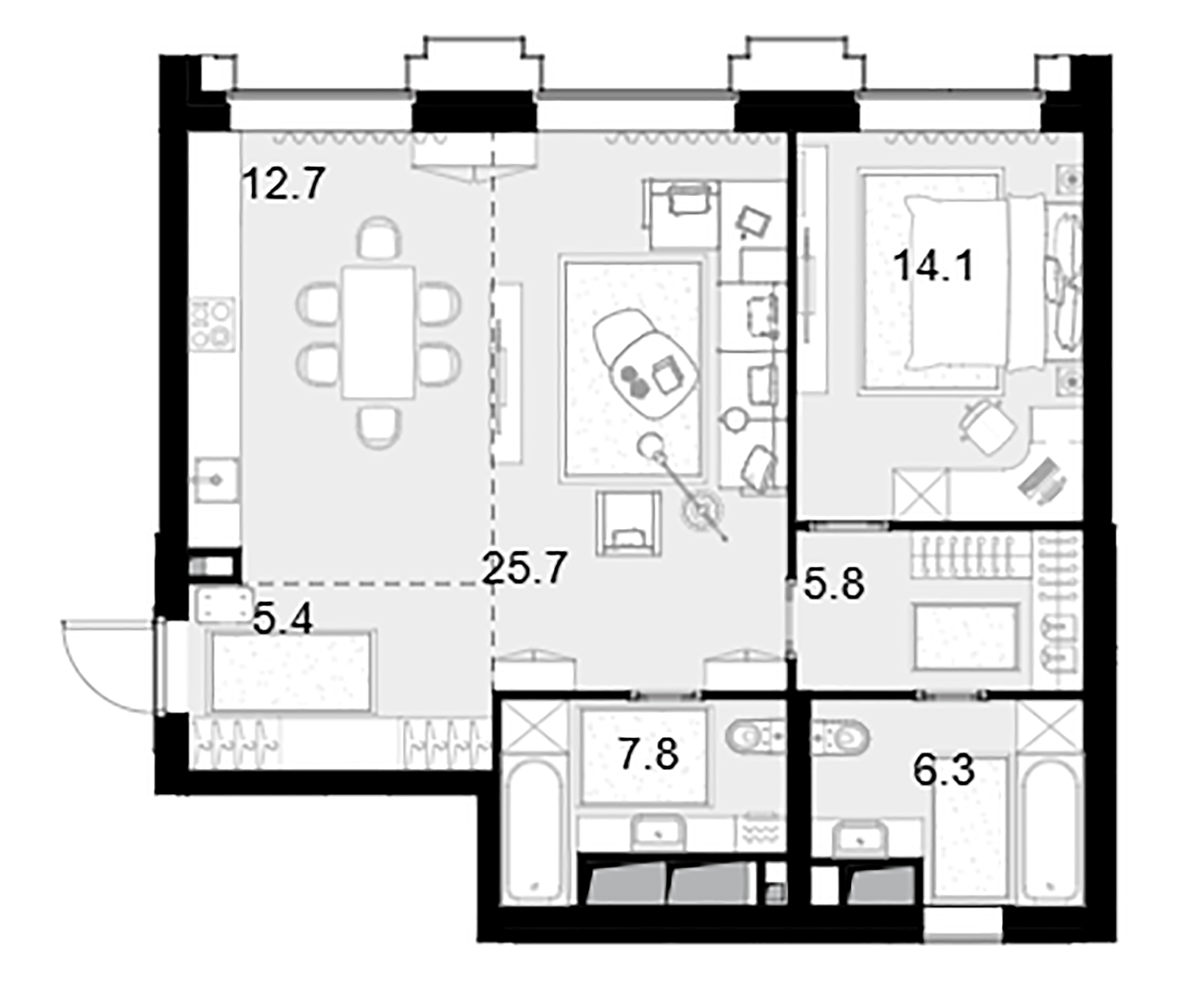 Планировка — Высотка на Жукова, 2-комн., 78 м²