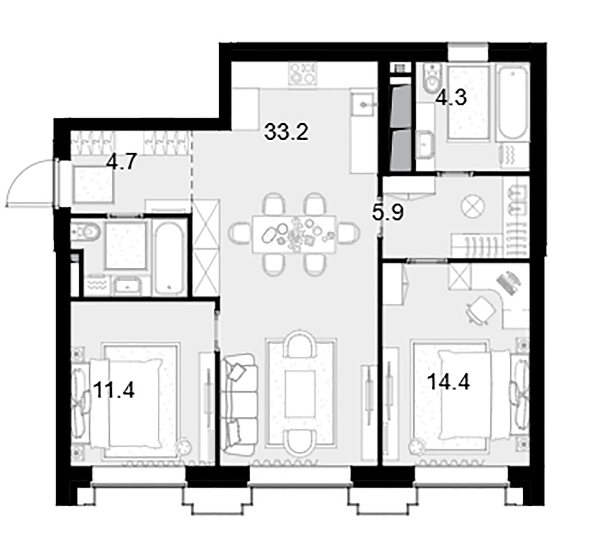 Планировка — Высотка на Жукова, 2-комн., 80 м²