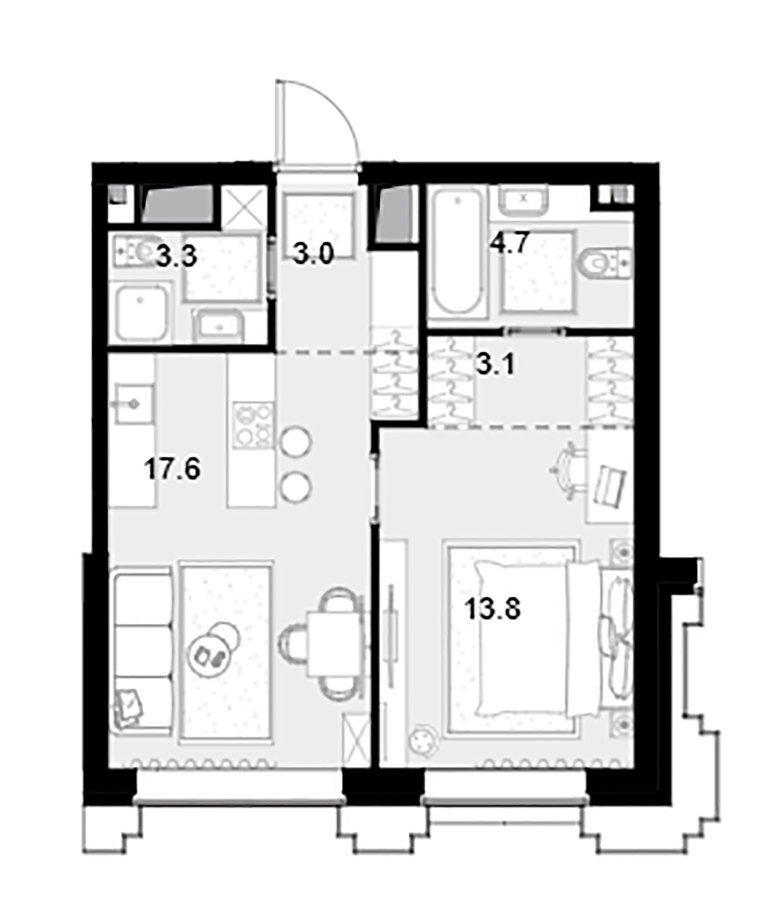 Планировка — Высотка на Жукова, 1-комн., 46 м²