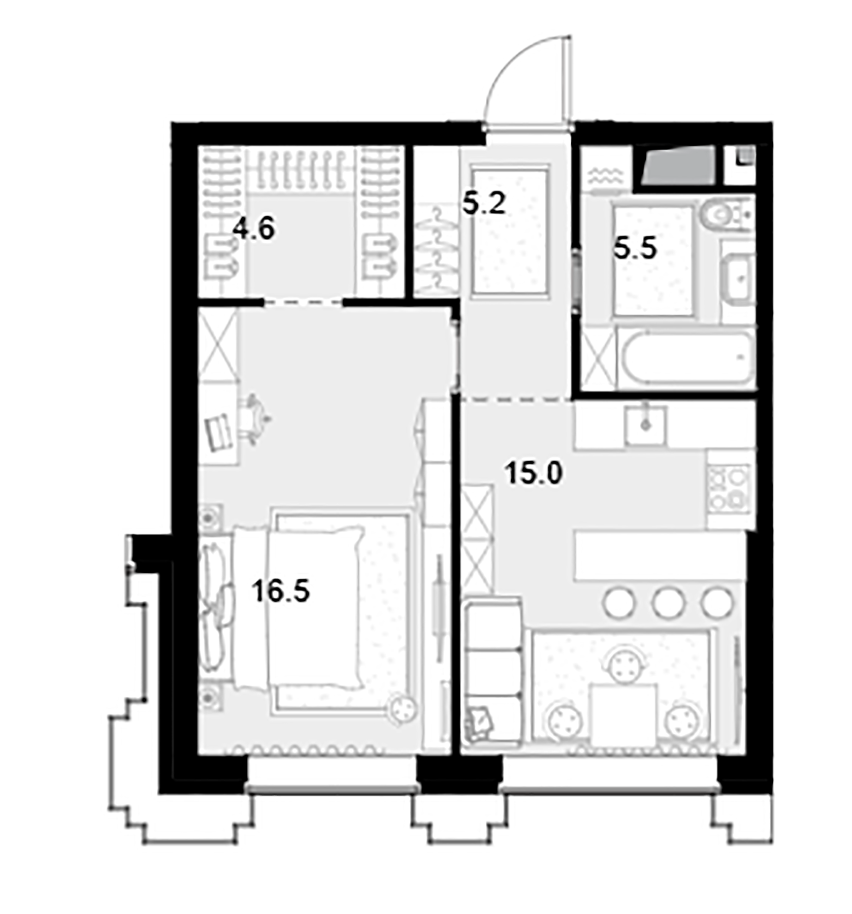 Планировка — Высотка на Жукова, 1-комн., 47 м²