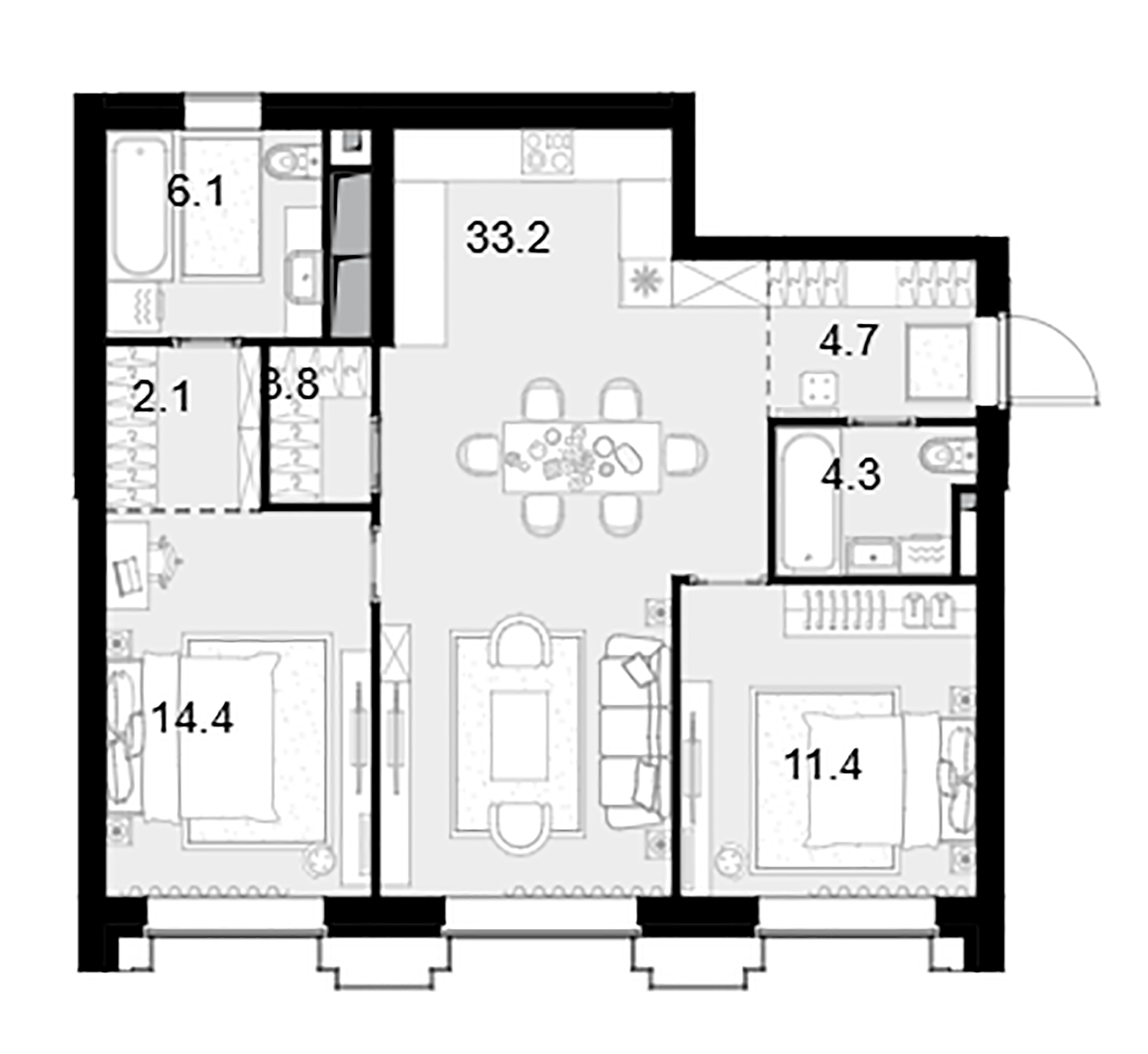 Планировка — Высотка на Жукова, 2-комн., 80 м²