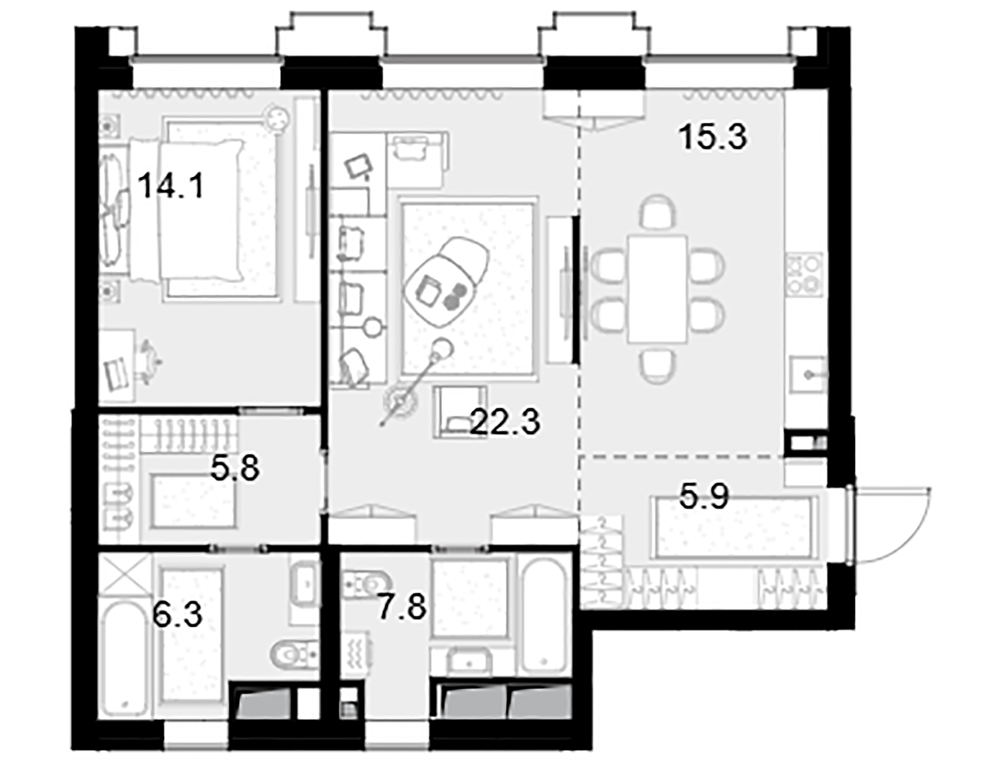 Планировка — Высотка на Жукова, 2-комн., 78 м²