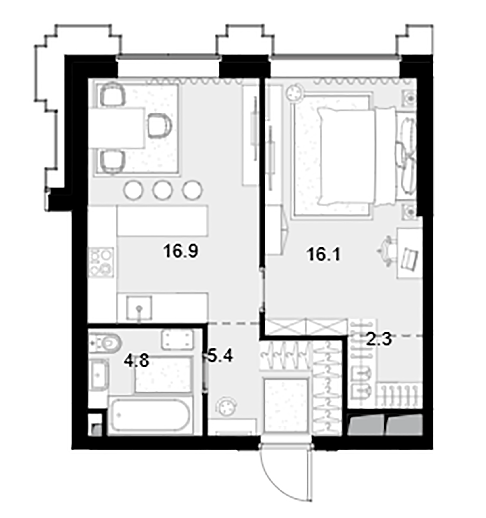 Планировка — Высотка на Жукова, 1-комн., 46 м²