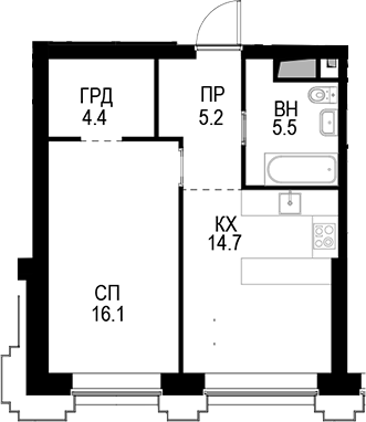 Планировка — Высотка на Жукова, 1-комн., 47 м²