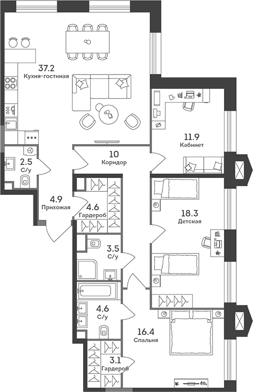 Планировка — Era, 4-комн., 117 м²