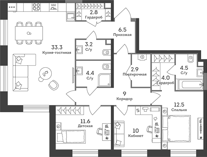 Планировка — Era, 4-комн., 105 м²