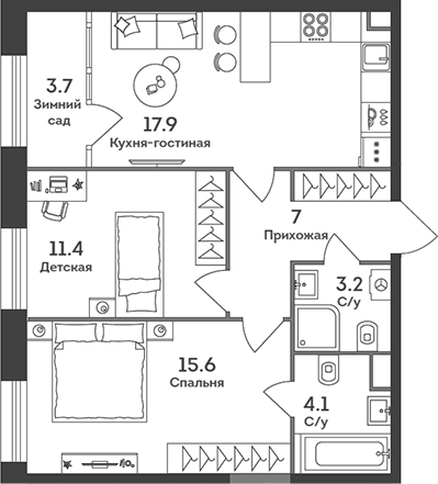 Планировка — Era, 3-комн., 59 м²