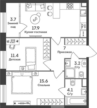 Планировка — Era, 3-комн., 59 м²