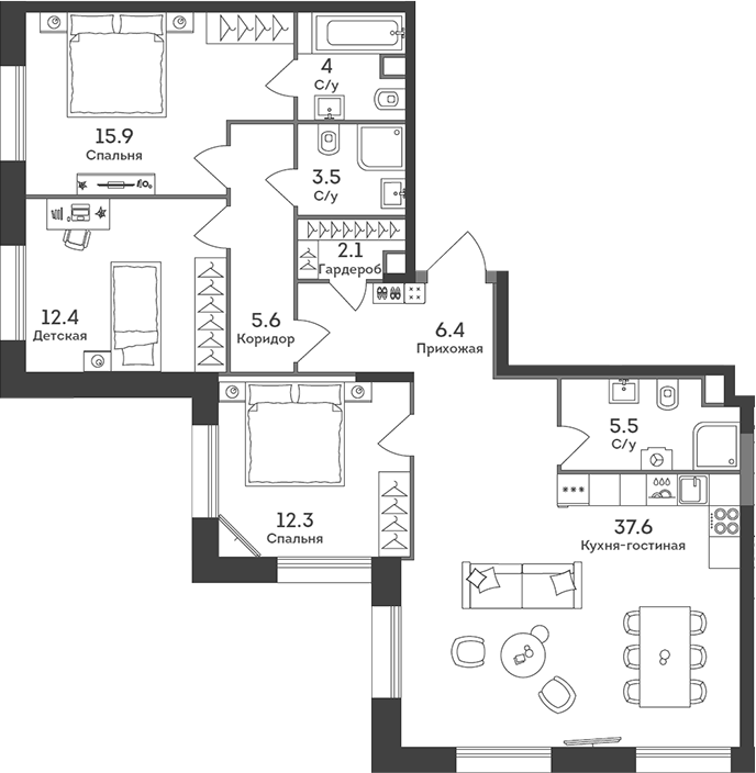 Планировка — Era, 4-комн., 105 м²