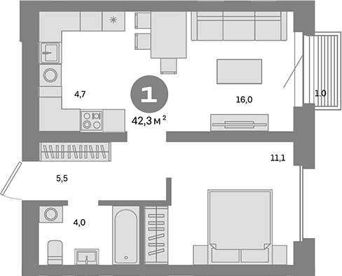 Планировка — Метроном, 1-комн., 41 м²