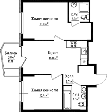 Планировка — Коллекция, 2-комн., 53 м²