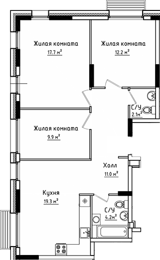 Планировка — Коллекция, 3-комн., 76 м²