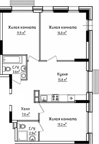 Планировка — Коллекция, 3-комн., 70 м²