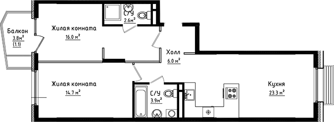 Планировка — Коллекция, 2-комн., 67 м²