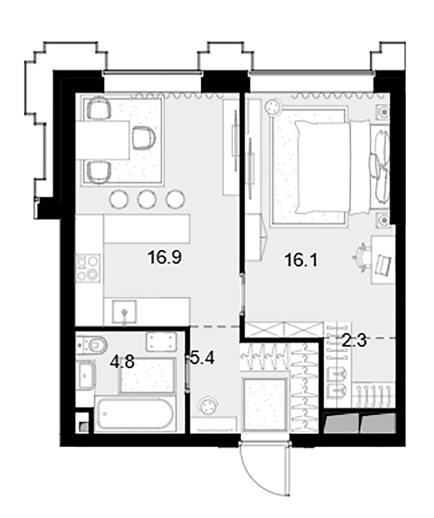 Планировка — Высотка на Жукова, 1-комн., 46 м²