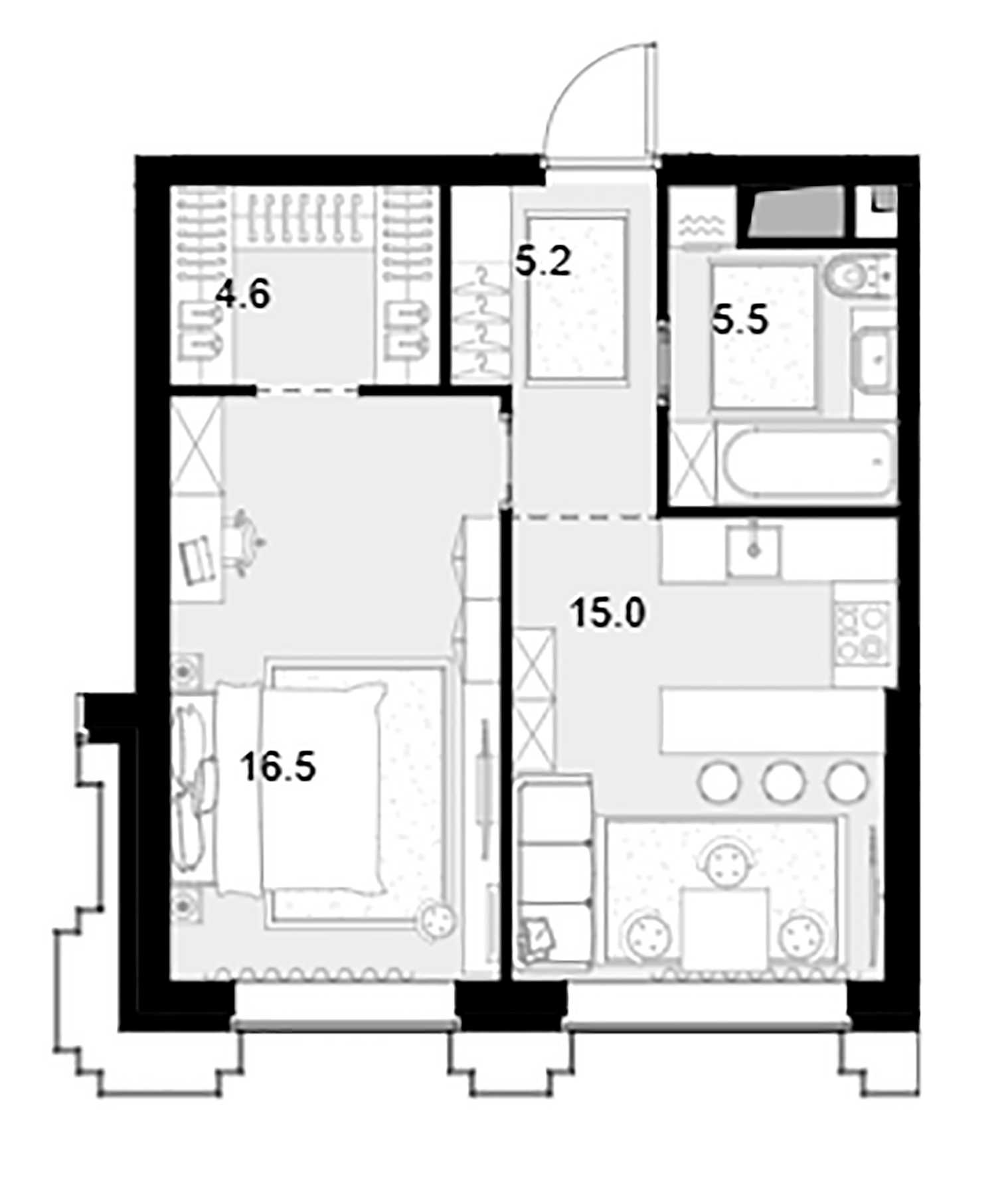 Планировка — Высотка на Жукова, 1-комн., 47 м²
