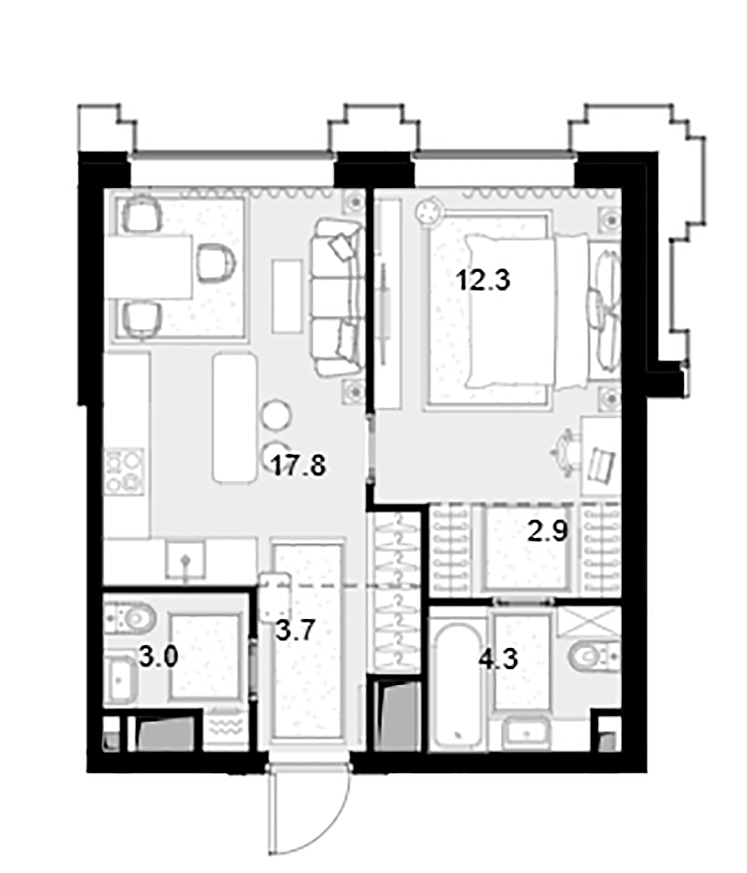 Планировка — Высотка на Жукова, 1-комн., 44 м²