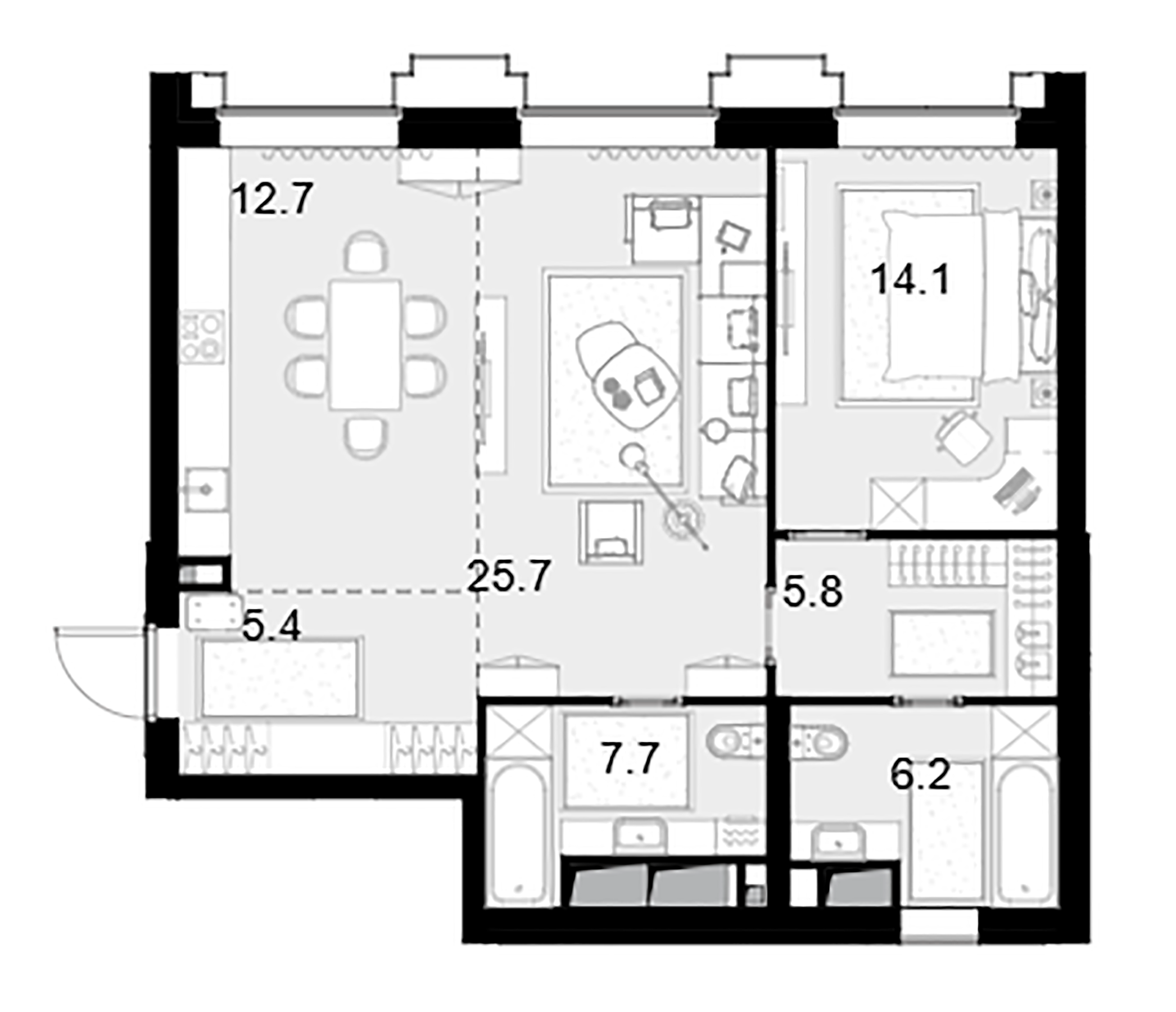 Планировка — Высотка на Жукова, 2-комн., 78 м²