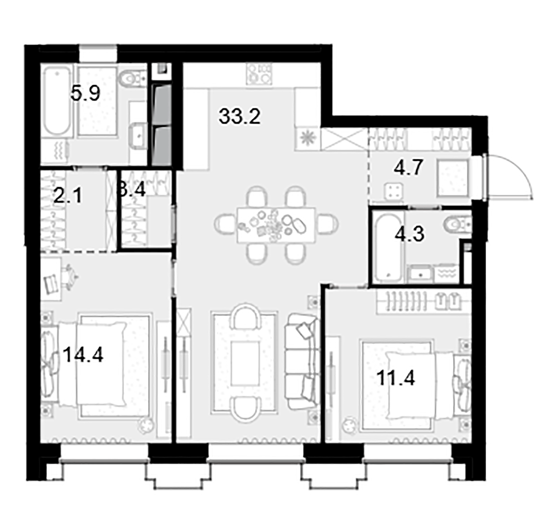 Планировка — Высотка на Жукова, 2-комн., 80 м²