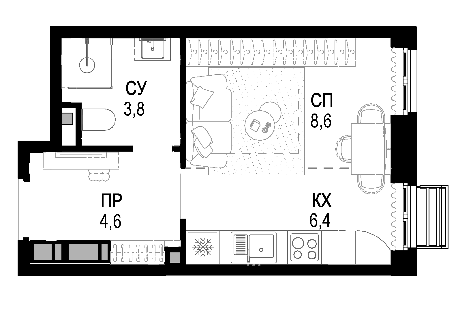 Планировка — Новая Звезда, Студия, 23 м²