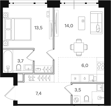 Планировка — Назаре. Мангазея в Богородском, 2-комн., 48 м²