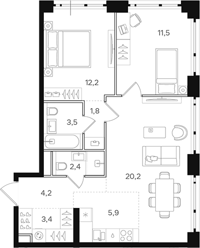 Планировка — Назаре. Мангазея в Богородском, 3-комн., 65 м²