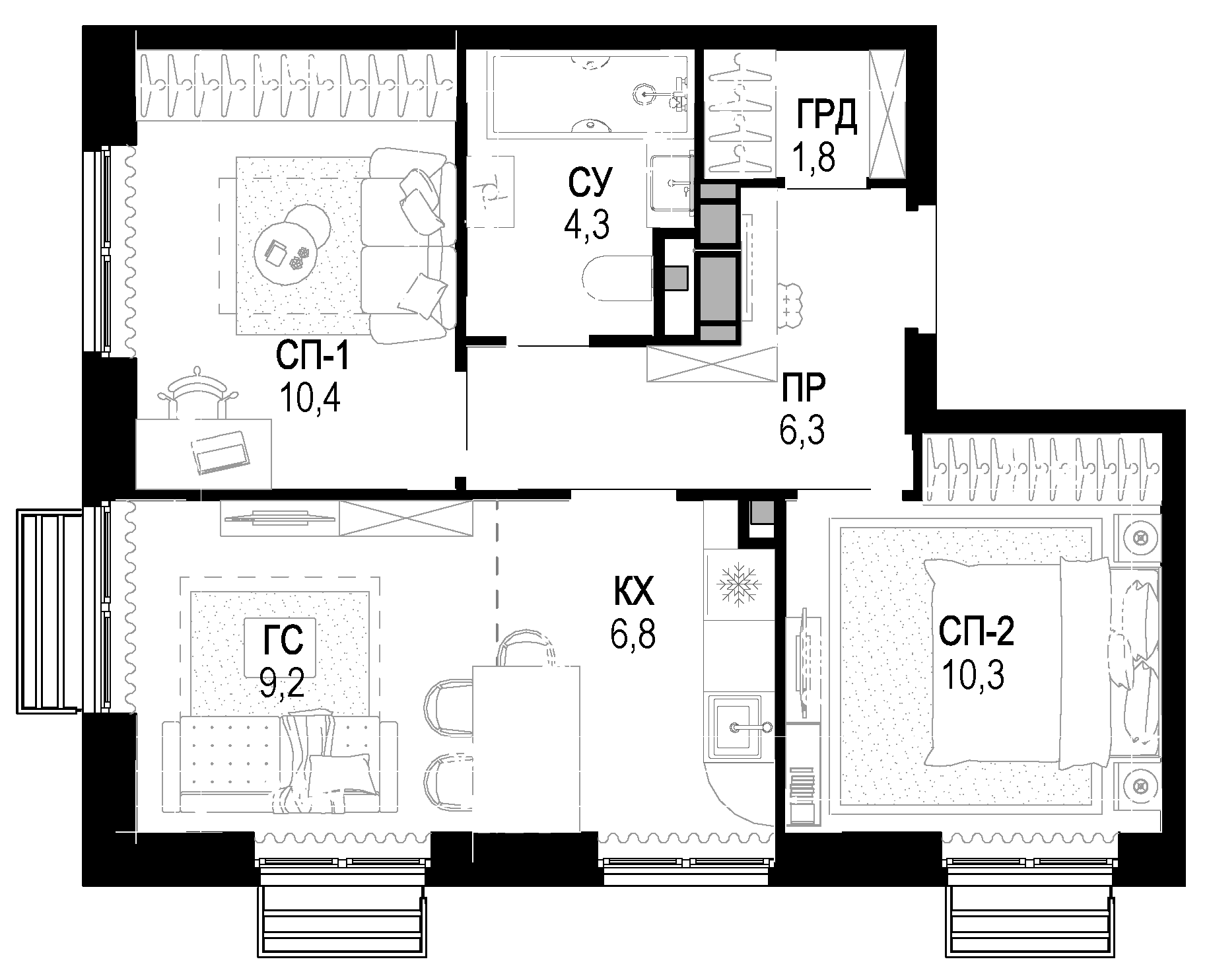 Планировка — Новая Звезда, 3-комн., 49 м²