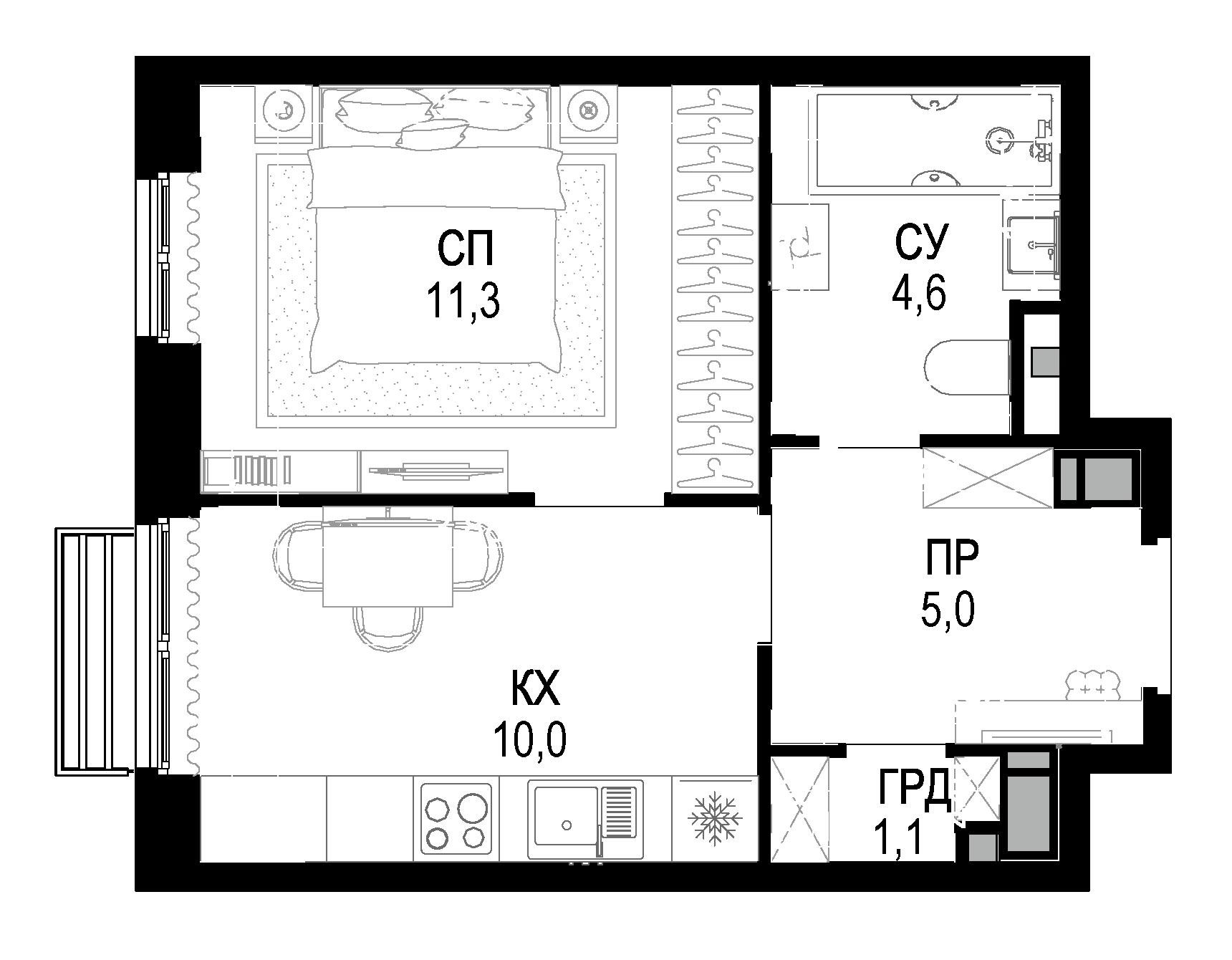 Планировка — Новая Звезда, 1-комн., 32 м²
