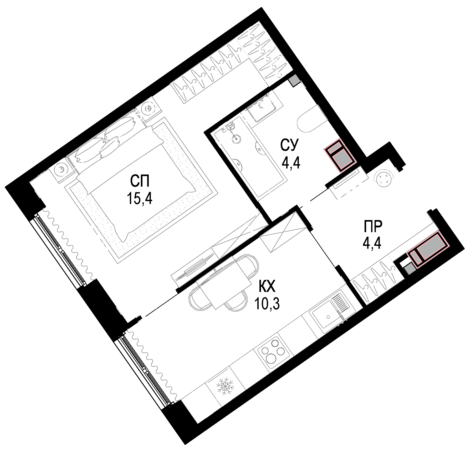 Планировка — Новая Звезда, 1-комн., 35 м²