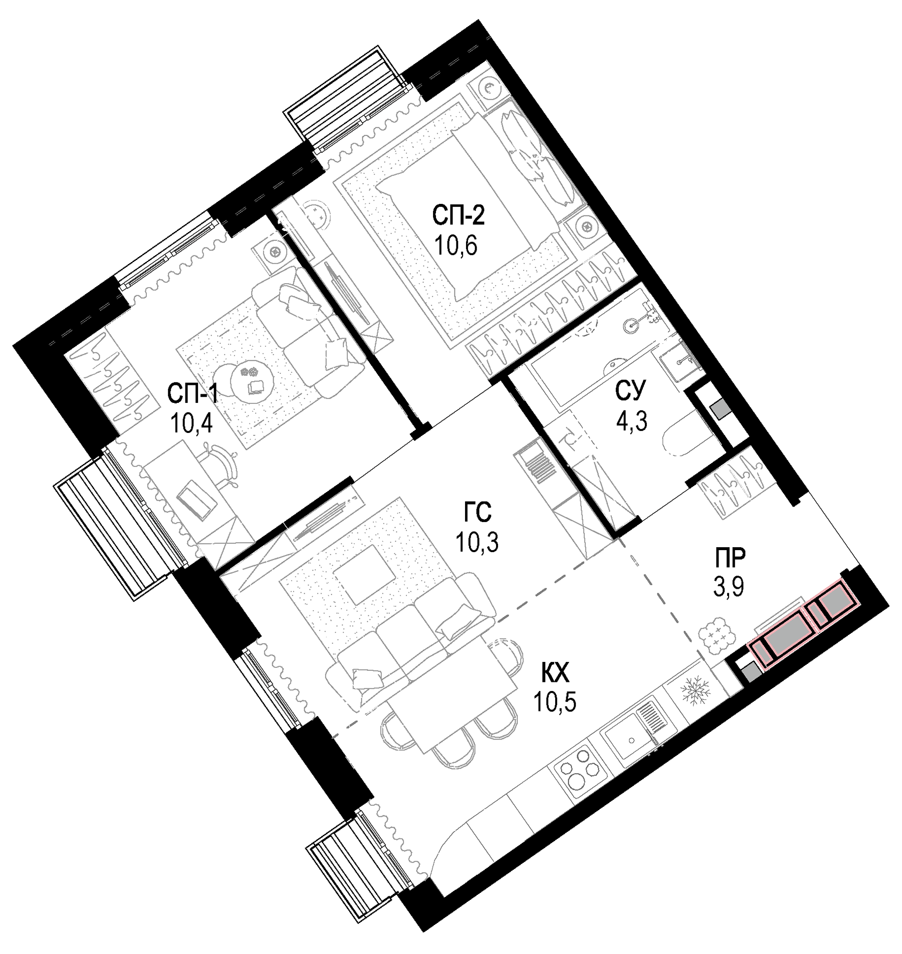 Планировка — Новая Звезда, 3-комн., 50 м²