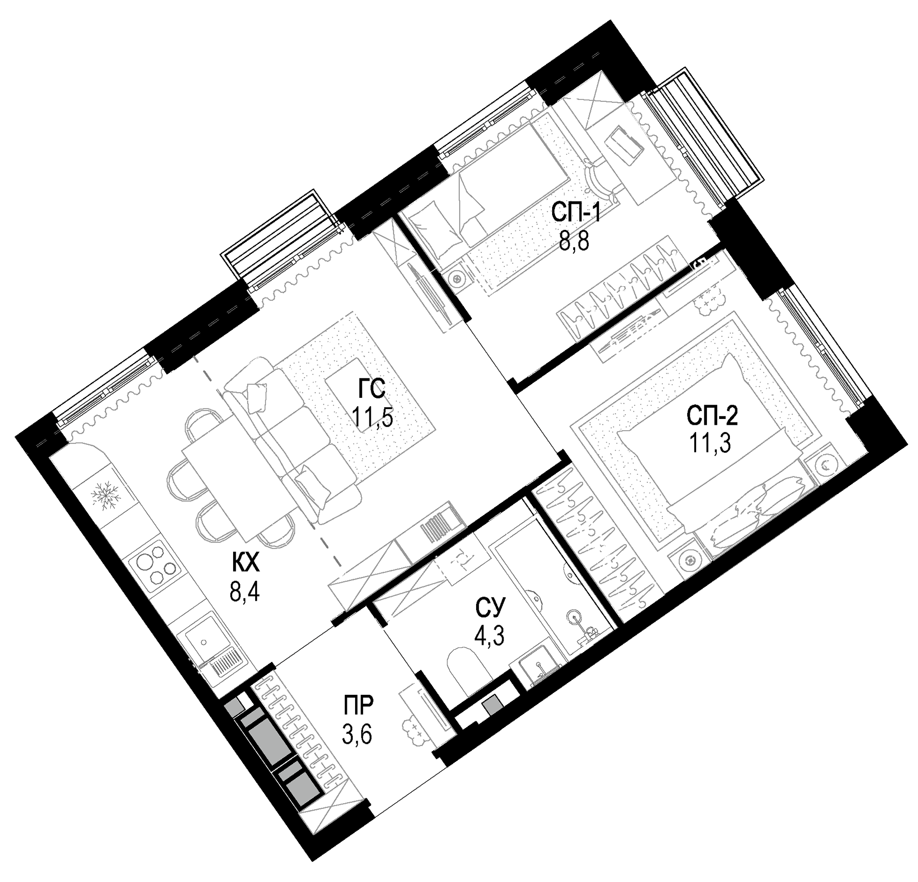 Планировка — Новая Звезда, 3-комн., 48 м²