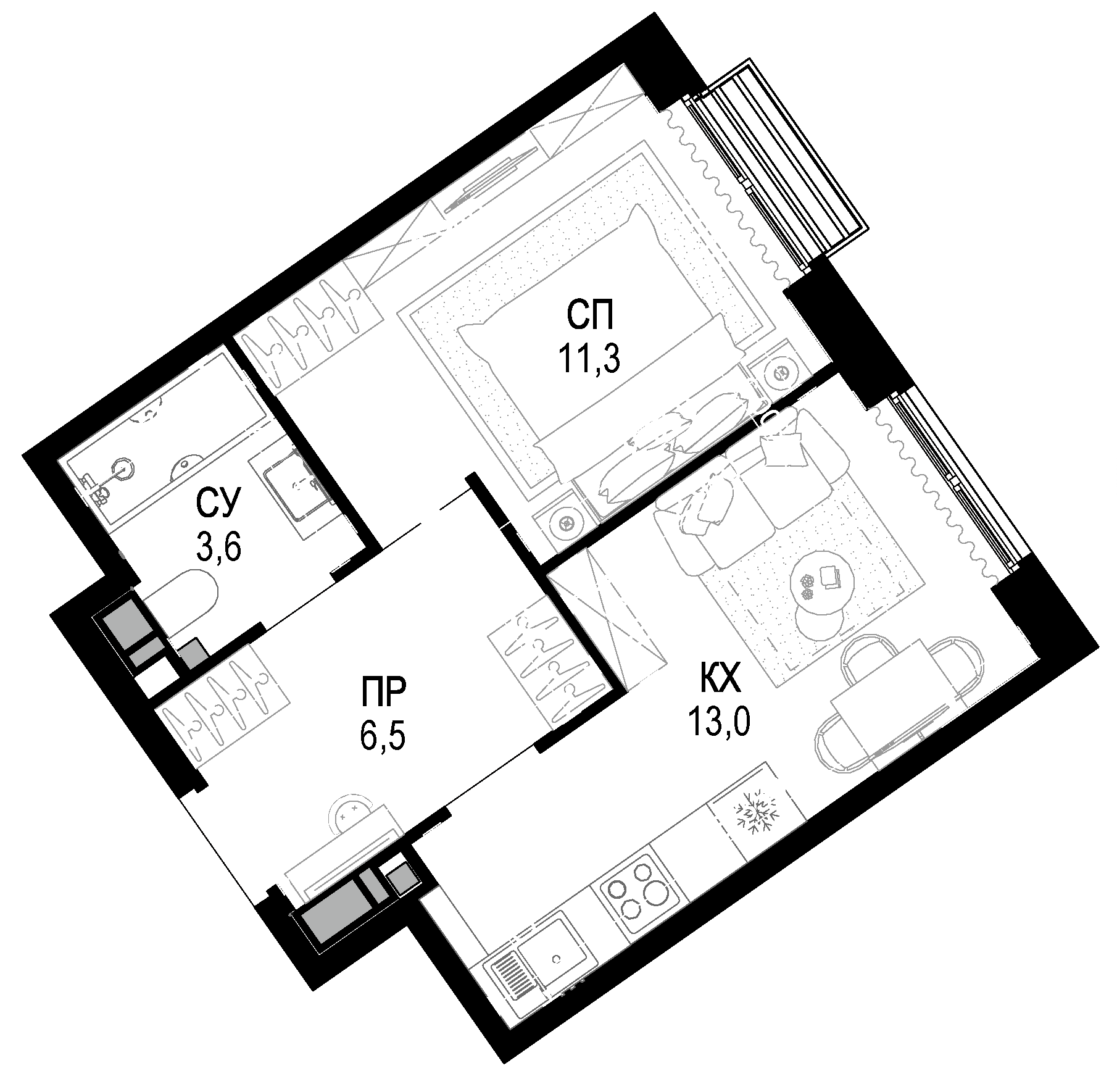Планировка — Новая Звезда, 1-комн., 34 м²