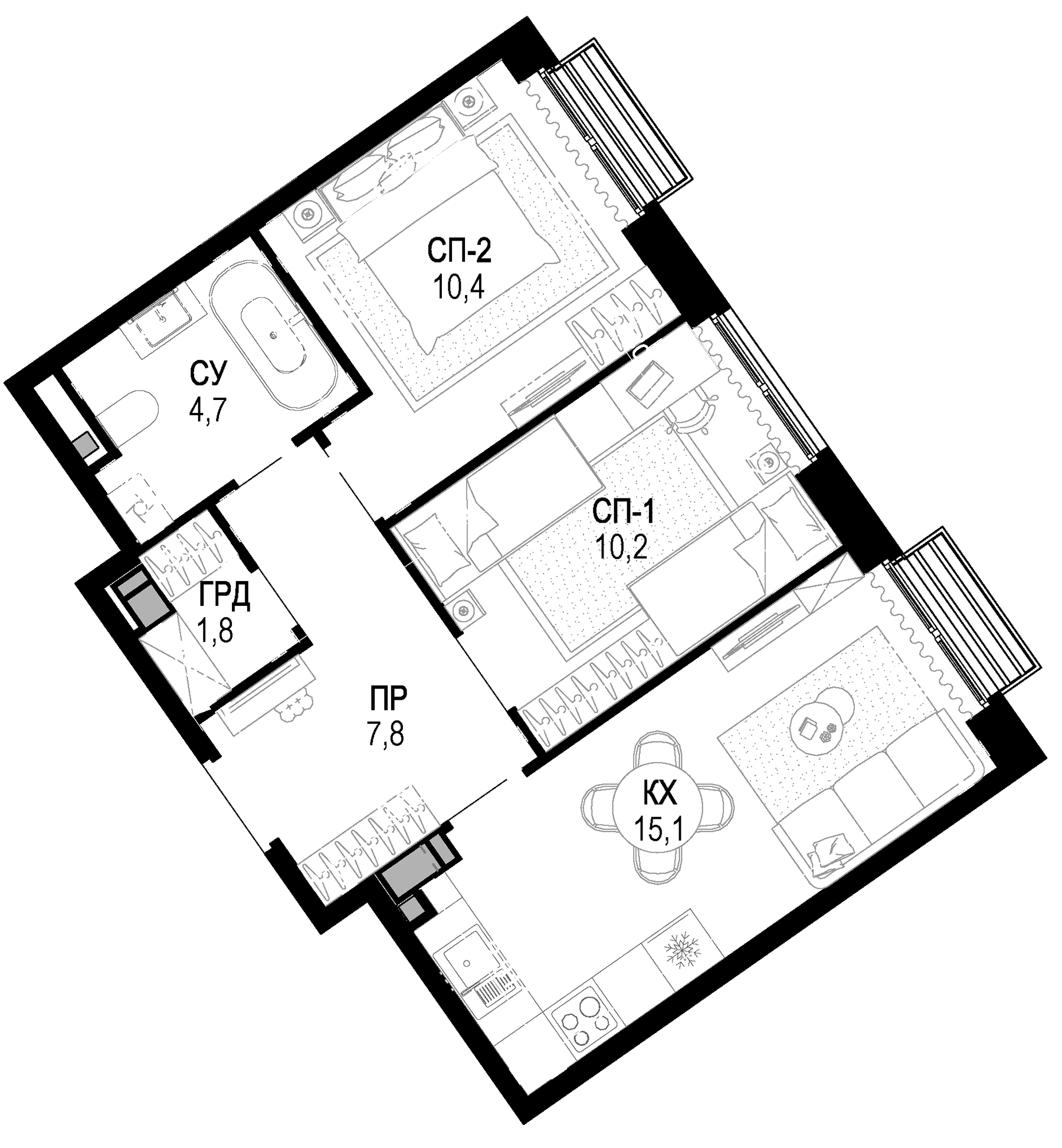 Планировка — Новая Звезда, 2-комн., 50 м²