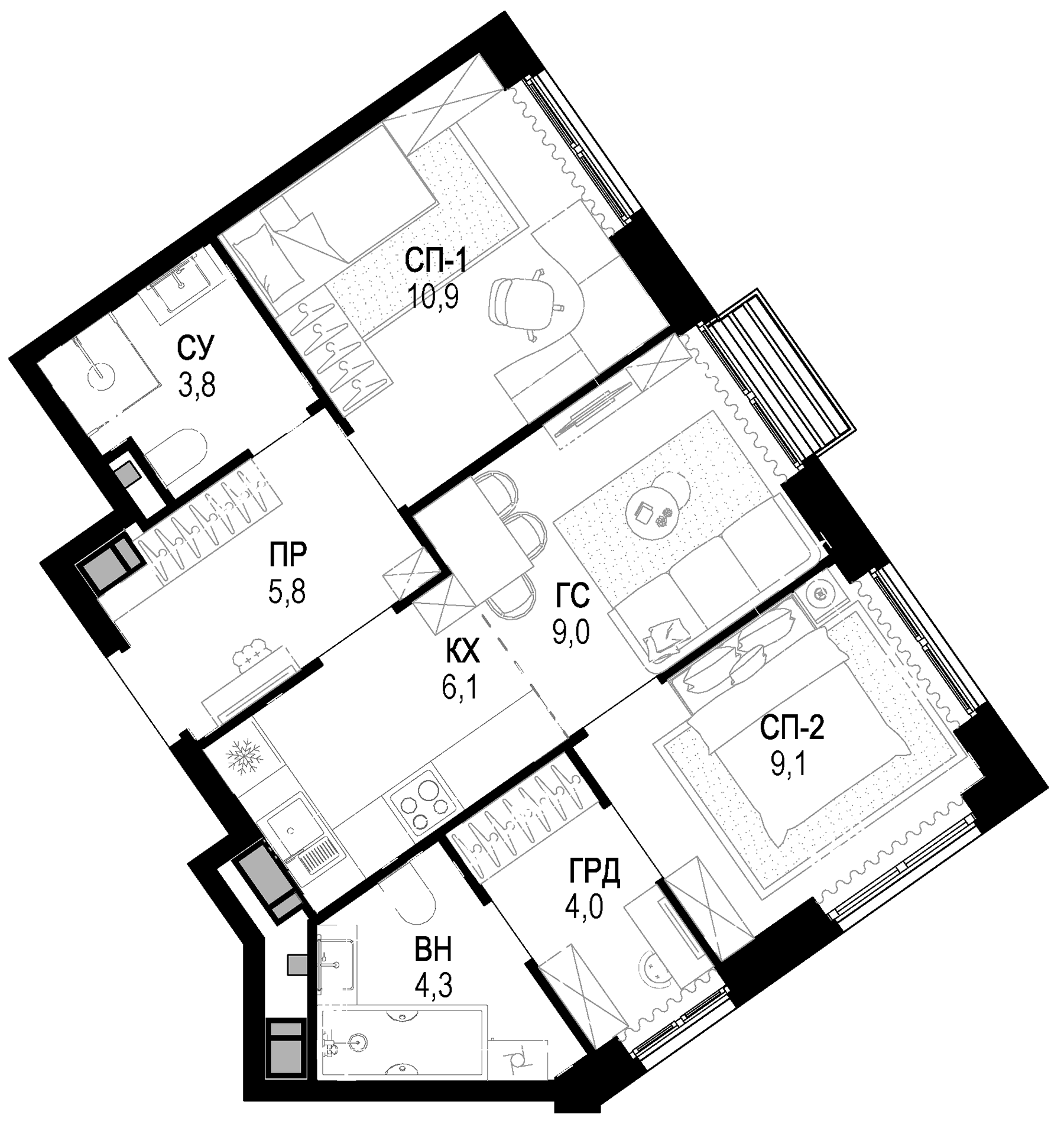 Планировка — Новая Звезда, 3-комн., 53 м²