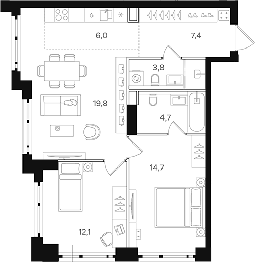Планировка — Назаре. Мангазея в Богородском, 3-комн., 68 м²