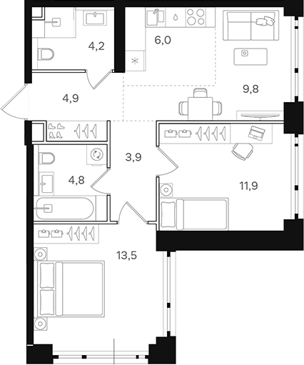 Планировка — Назаре. Мангазея в Богородском, 3-комн., 59 м²