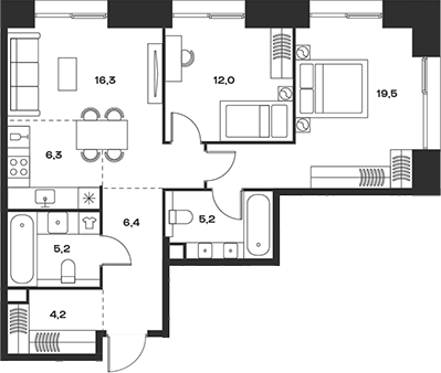 Планировка — Soul, 3-комн., 75 м²