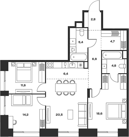 Планировка — Soul, 4-комн., 96 м²