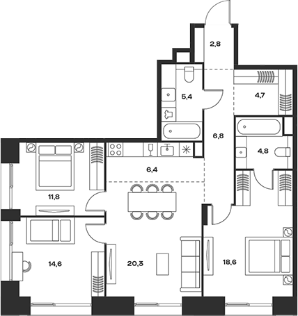 Планировка — Soul, 4-комн., 96 м²