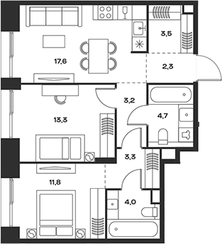 Планировка — Soul, 3-комн., 64 м²