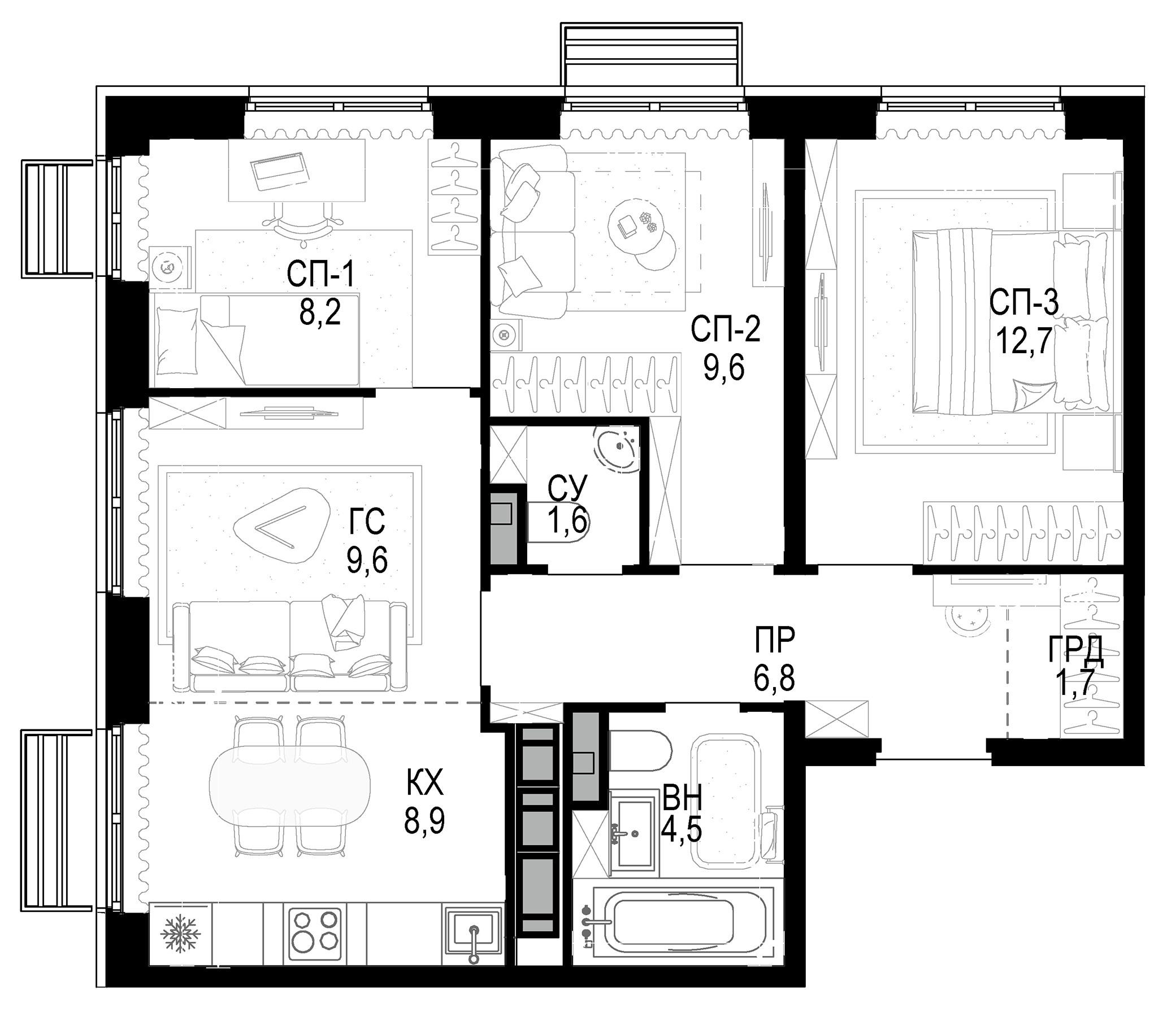 Планировка — Новая Звезда, 4-комн., 64 м²